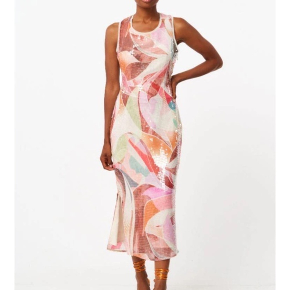 CIEBON WOMEN’S LOUELLA ABSTRACT PRINT SEQUIN MIDI DRESS SZ S